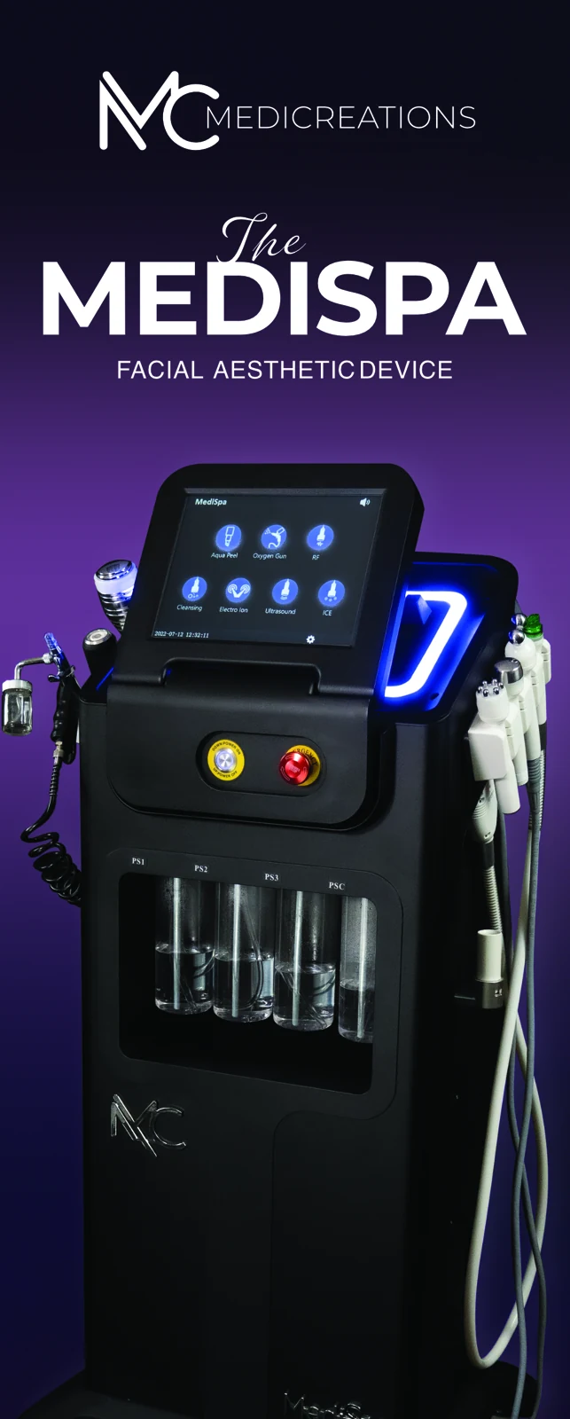 MediSpa facial aesthetic device with treatment handpieces and solution bottles
